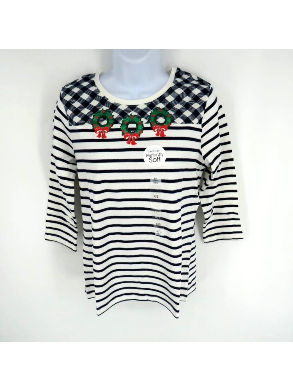 Kim Rogers Petite Small Striped Christmas Wreath 3/4 Sleeve Shirt NEW